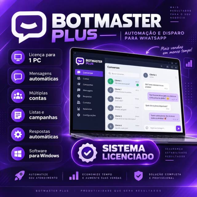 BotMaster Plus – Disparador WhatsApp e Automação de Mensagens | Licença 1 PC