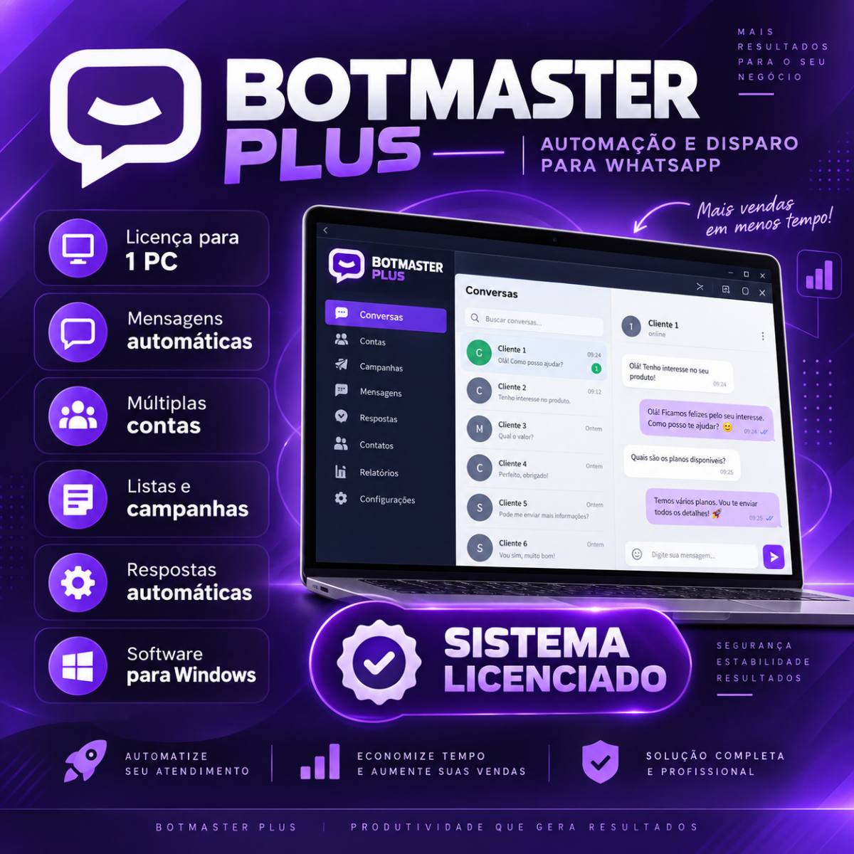 BotMaster Plus – Disparador WhatsApp e Automação de Mensagens | Licença 1 PC