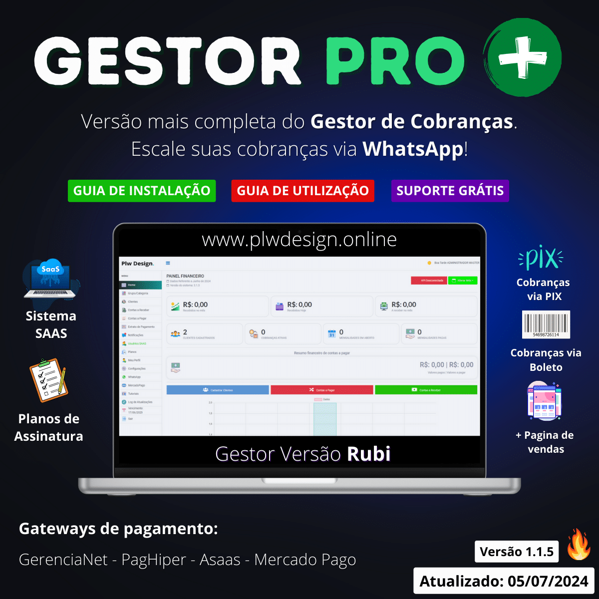 GESTOR PRO+ | SISTEMA DE COBRANÇAS PARA WHATSAPP SAAS VERSÃO 1.1.5 2024 ...